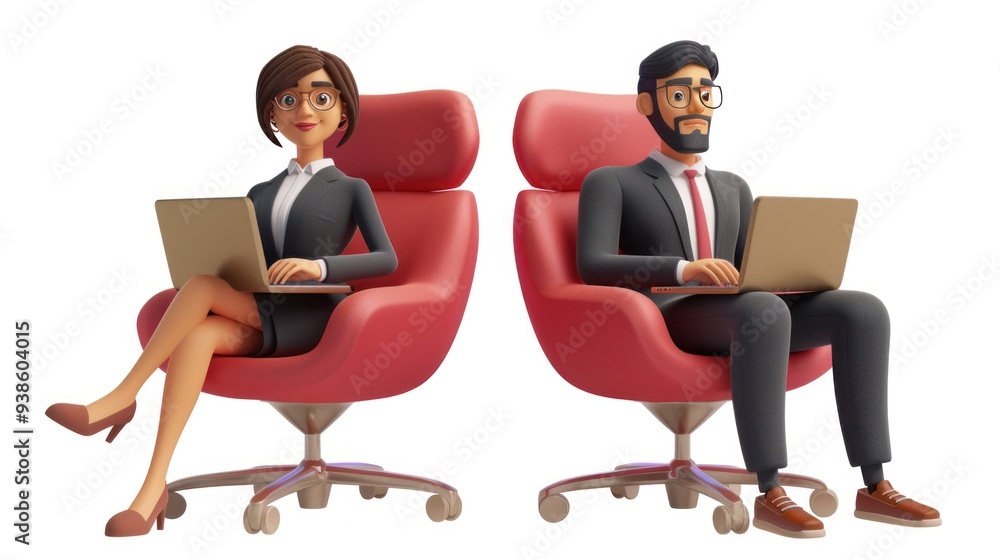 Two cartoon people sitting on chairs with laptops Two cartoon people sitting on chairs with laptops