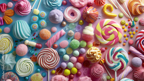 A visually appealing spread of colorful sweets and candies, arranged to highlight their bright and enticing colors.