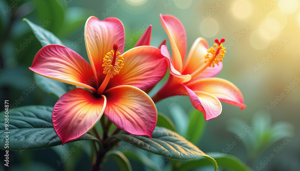 Fototapeta premium Vibrant Hibiscus Flowers Blooming Beautifully Against Blurred Green Background