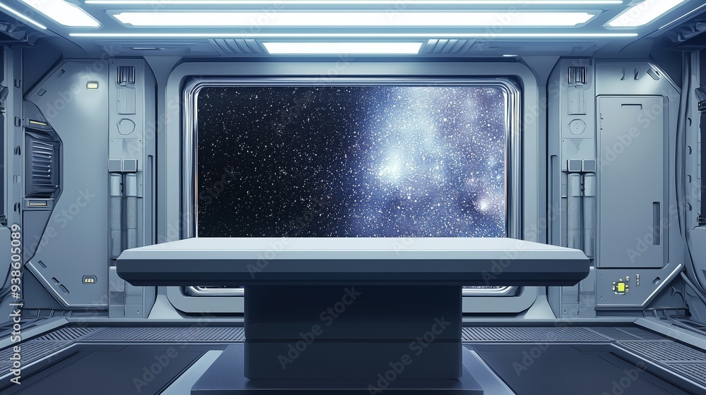 An empty podium floating in a zero-gravity space station, with stars visible through a large window behind it An empty podium floating in a zero-gravity space station, with stars visible through a large window behind it