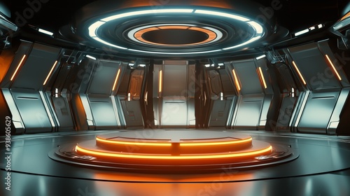 A glowing podium in the center of a circular, futuristic chamber, with sleek metal walls and bright overhead lights