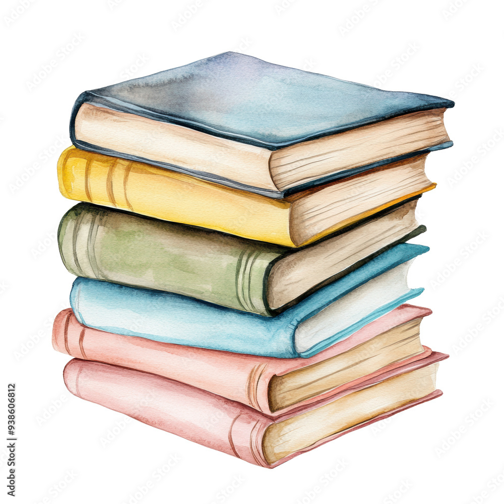 A charming watercolor illustration of a stacked collection of colorful books, evoking a sense of curiosity and adventure in learning. Perfect for book lovers and educators. A charming watercolor illustration of a stacked collection of colorful books, evoking a sense of curiosity and adventure in learning. Perfect for book lovers and educators.