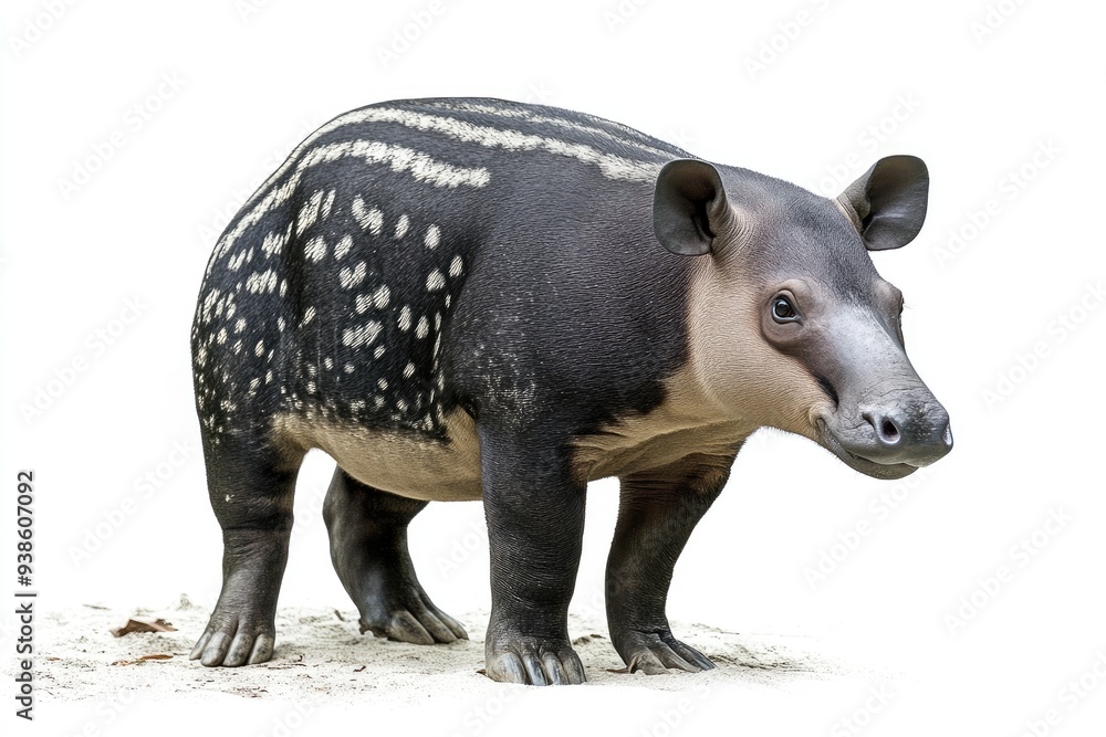 Black and white tapir standing on sand with a white background Black and white tapir standing on sand with a white background