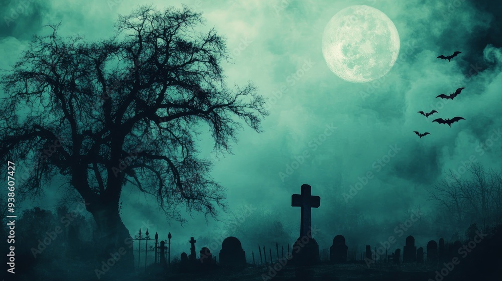 Graveyard silhouette Halloween Abstract Background. Zombie Rising Out Of A Graveyard cemetery In Spooky scary dark Night full moon bats on tree. Holiday event halloween banner background concept.