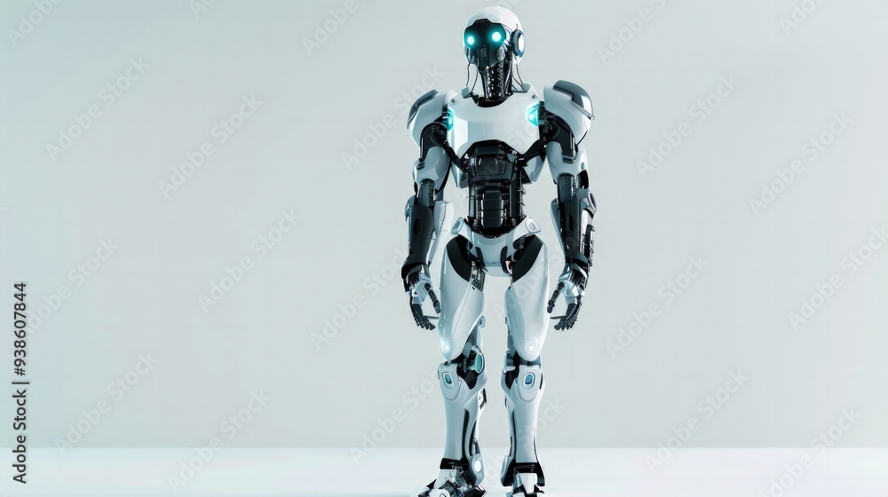 A futuristic robot standing at attention, isolated on white background, full body shot, with detailed metallic joints and glowing eyes, A futuristic robot standing at attention, isolated on white background, full body shot, with detailed metallic joints and glowing eyes,