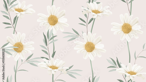 Floral seamless pattern, white daisy flowers with leaves on brown background