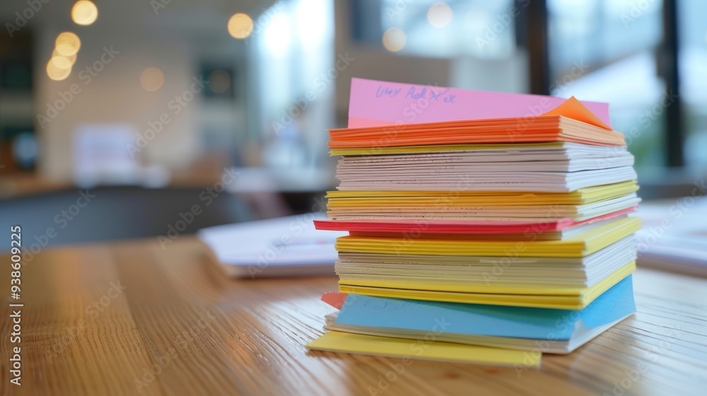 Stack of Papers with Colorful Sticky Notes on a Wooden Table Stack of Papers with Colorful Sticky Notes on a Wooden Table