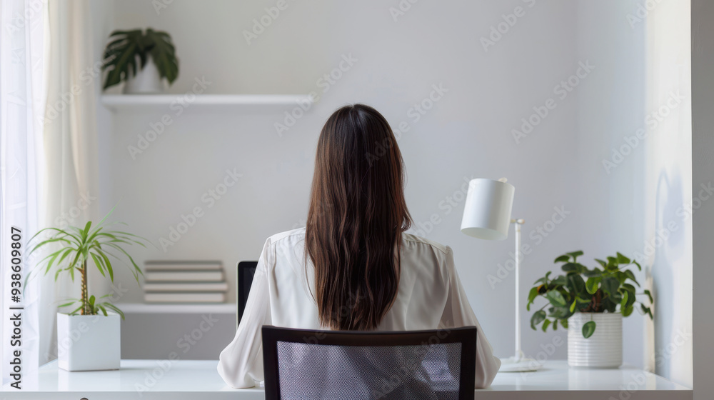 A woman working on her laptop at a minimalist desk, with a clean and simple lifestyle. A woman working on her laptop at a minimalist desk, with a clean and simple lifestyle.