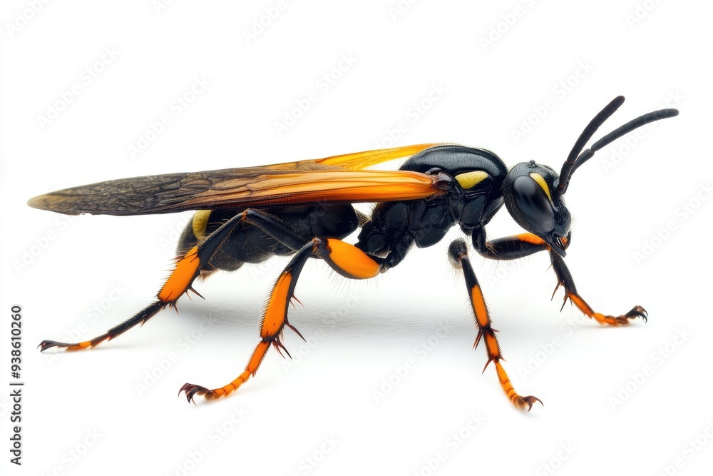 Black and Orange Wasp with Transparent Wings on White Background Black and Orange Wasp with Transparent Wings on White Background