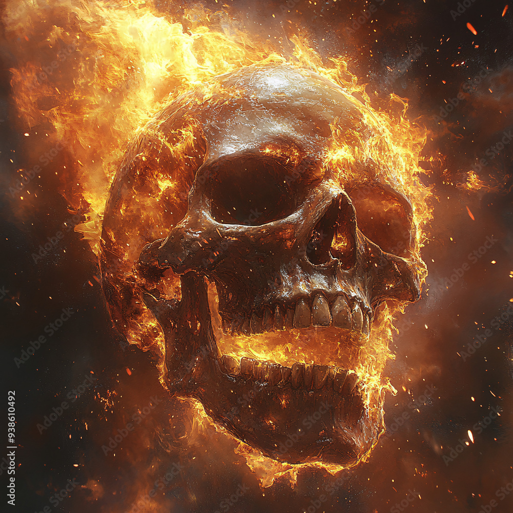 A flaming skull screams epic in a dark and spooky illustration, perfect for Halloween themes, horror movie promotions, and heavy metal album covers. A flaming skull screams epic in a dark and spooky illustration, perfect for Halloween themes, horror movie promotions, and heavy metal album covers.