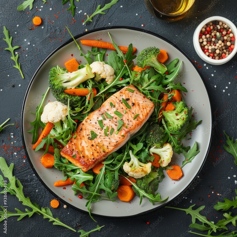 Salmon steak with vegetables cauliflower, broccoli, carrots and green beans. Salad of arugula and vegetables with salmon. Top view, flat lay Salmon steak with vegetables cauliflower, broccoli, carrots and green beans. Salad of arugula and vegetables with salmon. Top view, flat lay