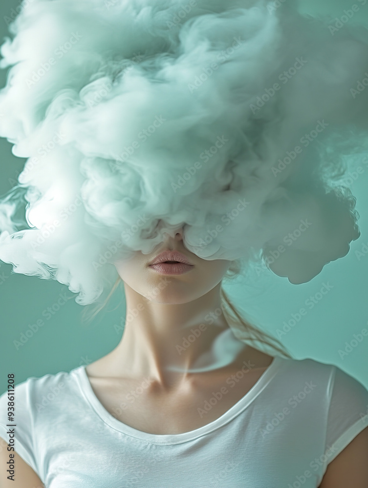 Woman with Head in the Clouds, Face Shrouded by Fog and Smoke. Soft-Focused and Pastel-Toned Scene with Gentle Lighting Creates a Surreal, Minimalist Atmosphere. Wearing a White T-Shirt Woman with Head in the Clouds, Face Shrouded by Fog and Smoke. Soft-Focused and Pastel-Toned Scene with Gentle Lighting Creates a Surreal, Minimalist Atmosphere. Wearing a White T-Shirt