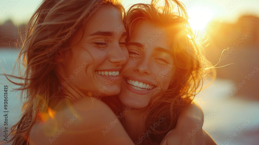 Two friends hugging and laughing with a cityscape background, sunny day Two friends hugging and laughing with a cityscape background, sunny day