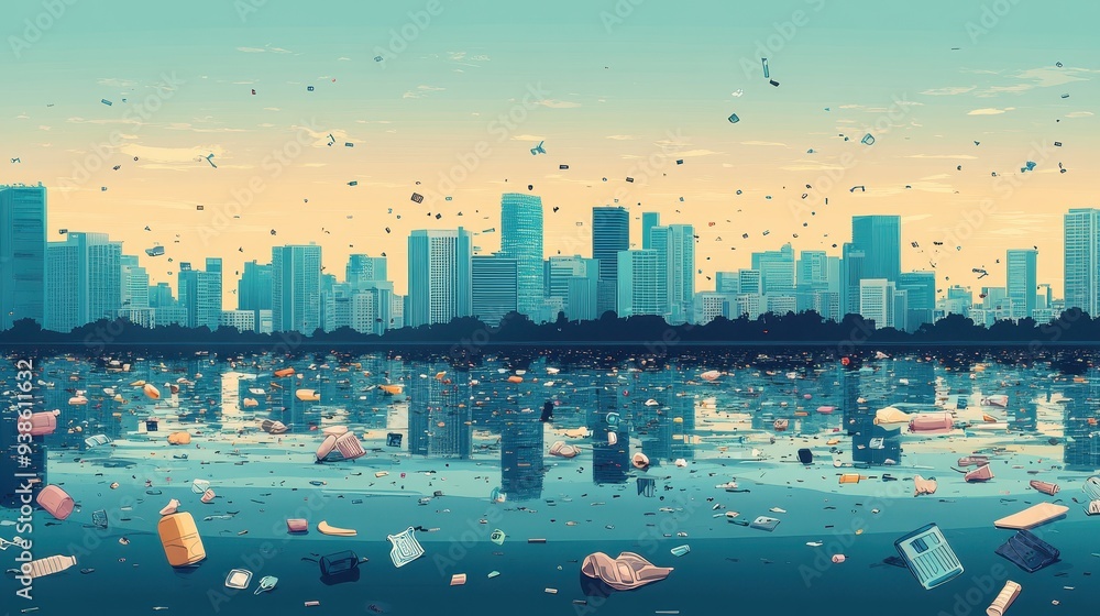 Obraz premium A city skyline is reflected in a body of water