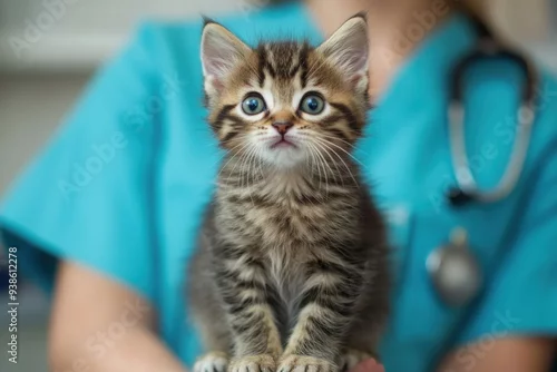 Obraz Adorable kitten with veterinarian in blue scrubs