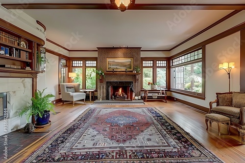 Beautiful old craftsman style home living room interior with rug