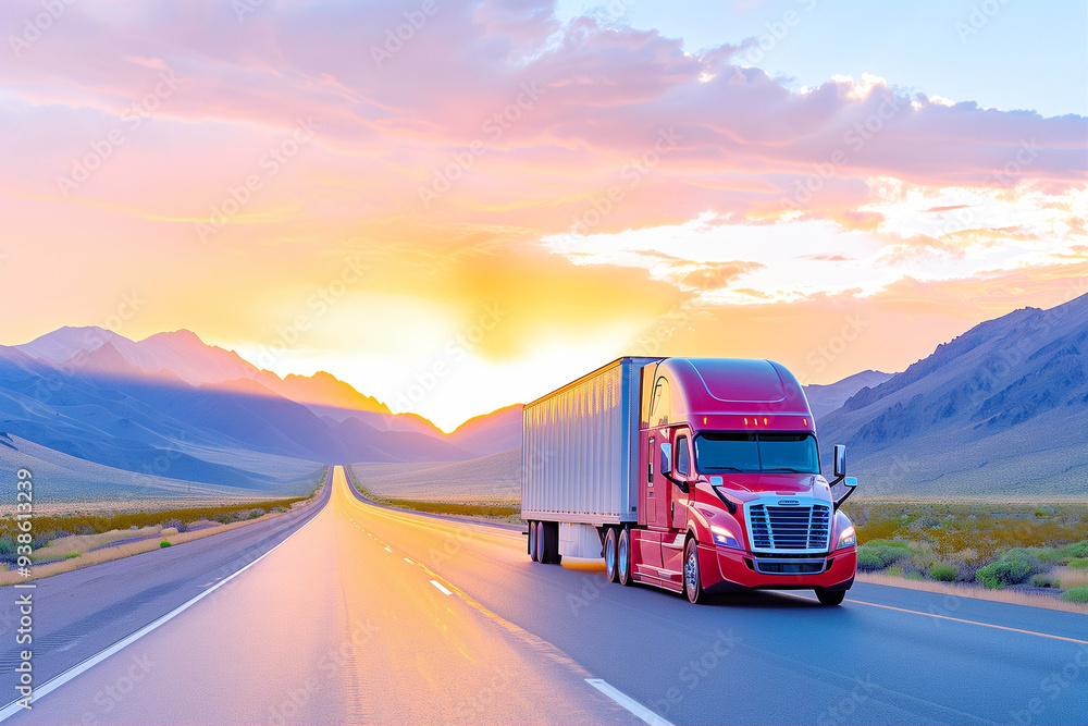Red Truck on Open Road with Mountains in Background at Sunset. Majestic Transportation Scene Capturing Nature's Beauty and Trucking Industry Red Truck on Open Road with Mountains in Background at Sunset. Majestic Transportation Scene Capturing Nature's Beauty and Trucking Industry