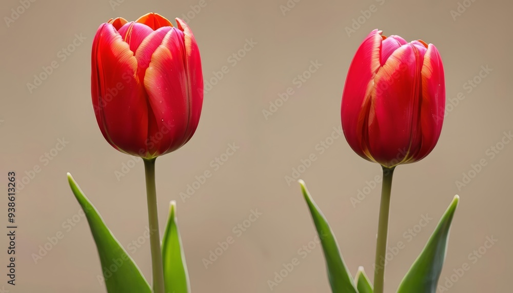 Blooming beauty A pair of vibrant red tulips Blooming beauty A pair of vibrant red tulips