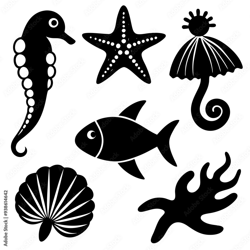 Fototapeta premium Underwater sea life icons collection on white background silhouette vector illustration