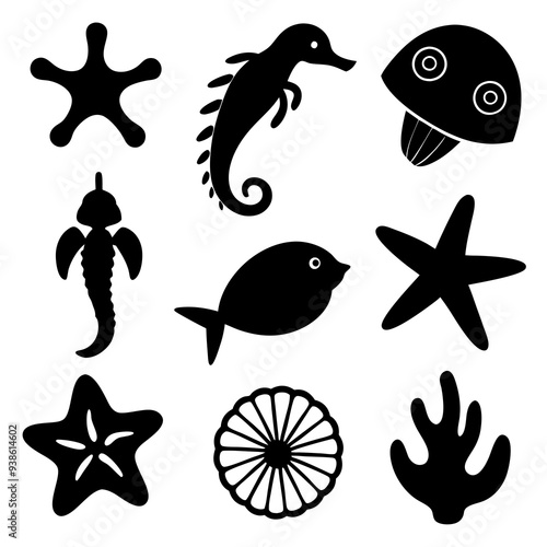Underwater sea life icons collection on white background silhouette vector illustration