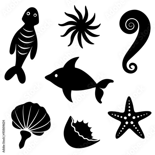 Underwater sea life icons collection on white background silhouette vector illustration