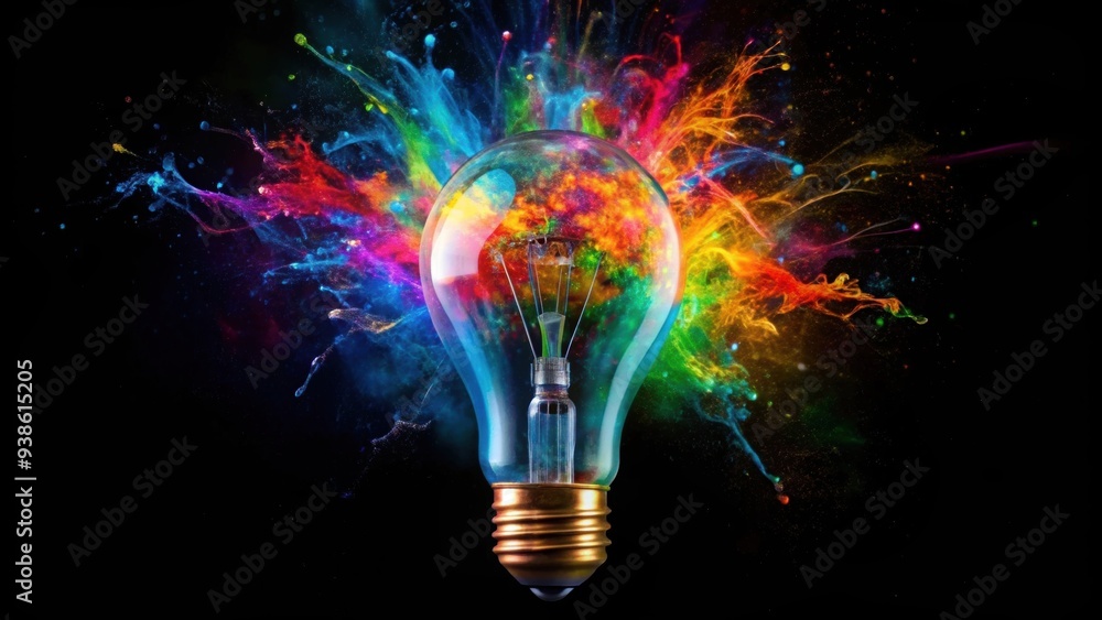 Colorful exploding light bulb with paint splashes on black background, creativity, innovative, imagination, inspiration Colorful exploding light bulb with paint splashes on black background, creativity, innovative, imagination, inspiration