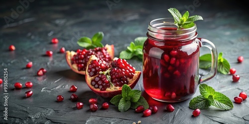 Refreshing pomegranate juice in a jar with fresh pomegranate seeds and mint on a dark slate background , pomegranate, juice, refreshment