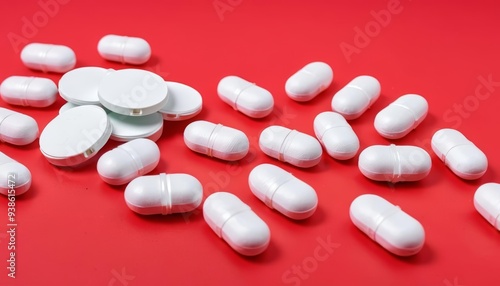  A collection of white capsules on a red background