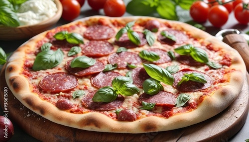  Freshly baked pepperoni pizza with basil leaves