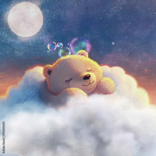 Wallpaper Mural Baby lullaby animation, cute bear  sleeping in the clouds. Seamless smooth looping digital 2k video background Torontodigital.ca