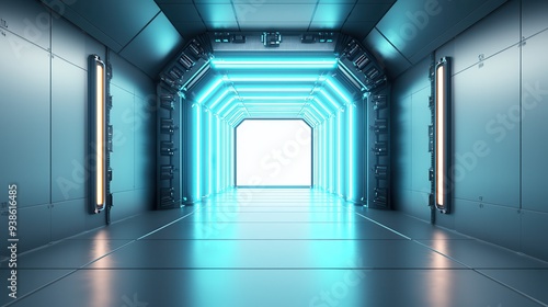 Futuristic Tunnel with Blue Neon Lights.