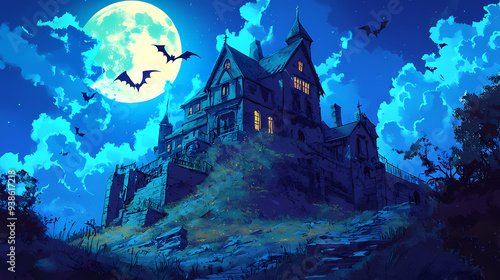 Mysterious Mansion on a Hilltop under a Full Moon