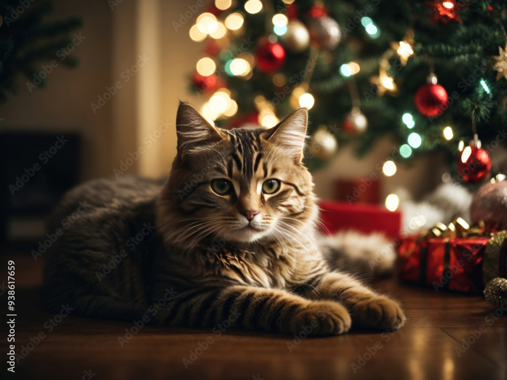 a cute cat lounging under a Christmas tree a cute cat lounging under a Christmas tree