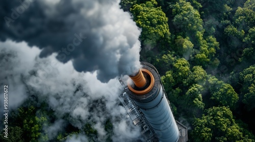 Aerial View of Smokestack Emitting Smoke Above Green Forest photo