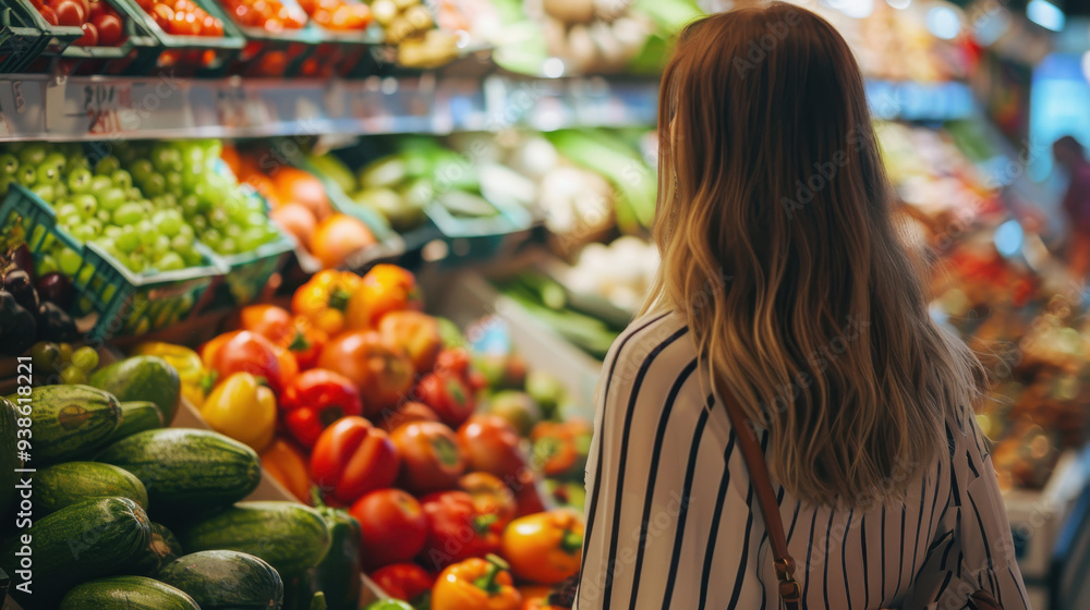 Bright, clean market with a woman browsing fresh produce Bright, clean market with a woman browsing fresh produce