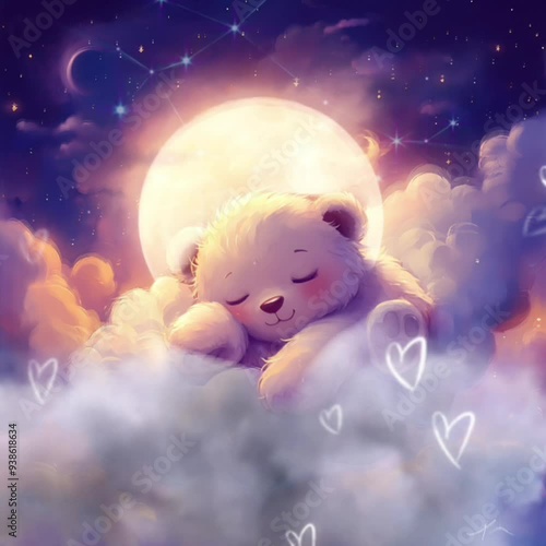 Wallpaper Mural Baby lullaby animation, cute bear  sleeping in the clouds. Seamless smooth looping digital 2k video background Torontodigital.ca