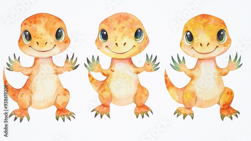 Set of baby Troodon, sharp claws, inquisitive expressions, isolated, white background, Watercolor style photo