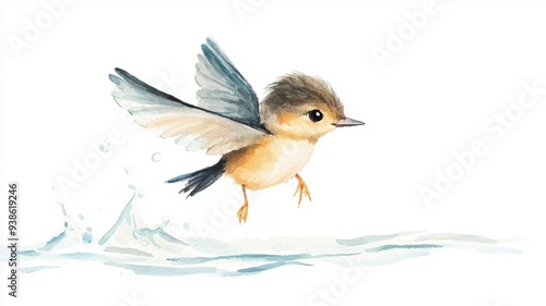 Set of baby Rhamphorhynchus, tiny wings, gliding near water, isolated, white background, Watercolor style photo