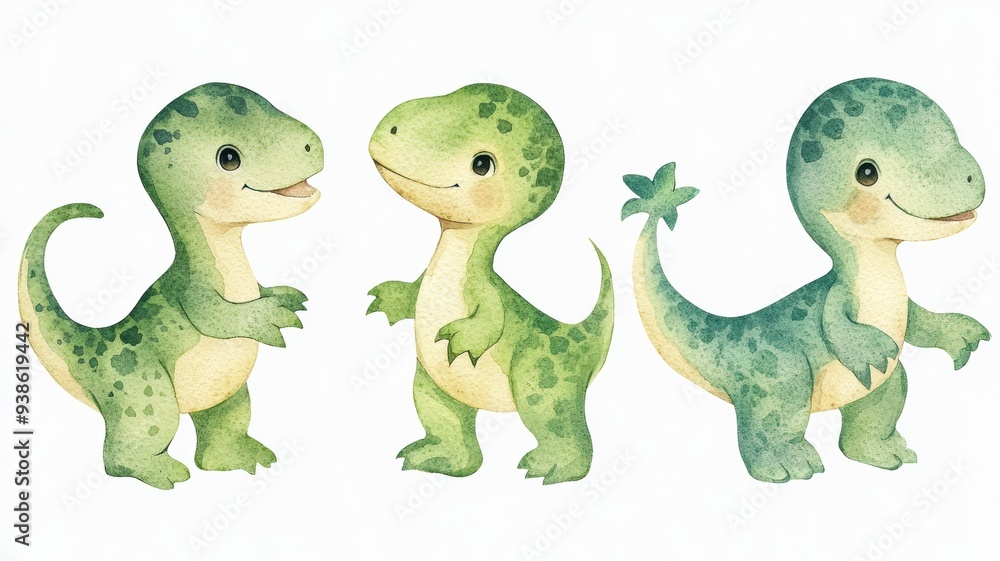 Naklejka premium Set of baby Compsognathus, tiny and inquisitive, exploring, isolated, white background, Watercolor style
