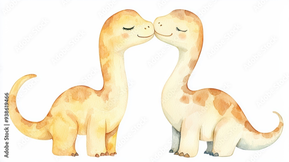 Set of baby Camarasaurus, long necks, nuzzling affectionately, isolated, white background, Watercolor style Set of baby Camarasaurus, long necks, nuzzling affectionately, isolated, white background, Watercolor style
