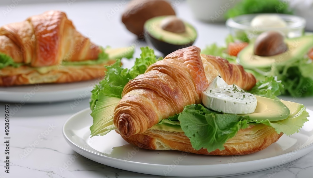 Delicious croissant sandwich with avocado and cheese ready to be enjoyed Delicious croissant sandwich with avocado and cheese ready to be enjoyed