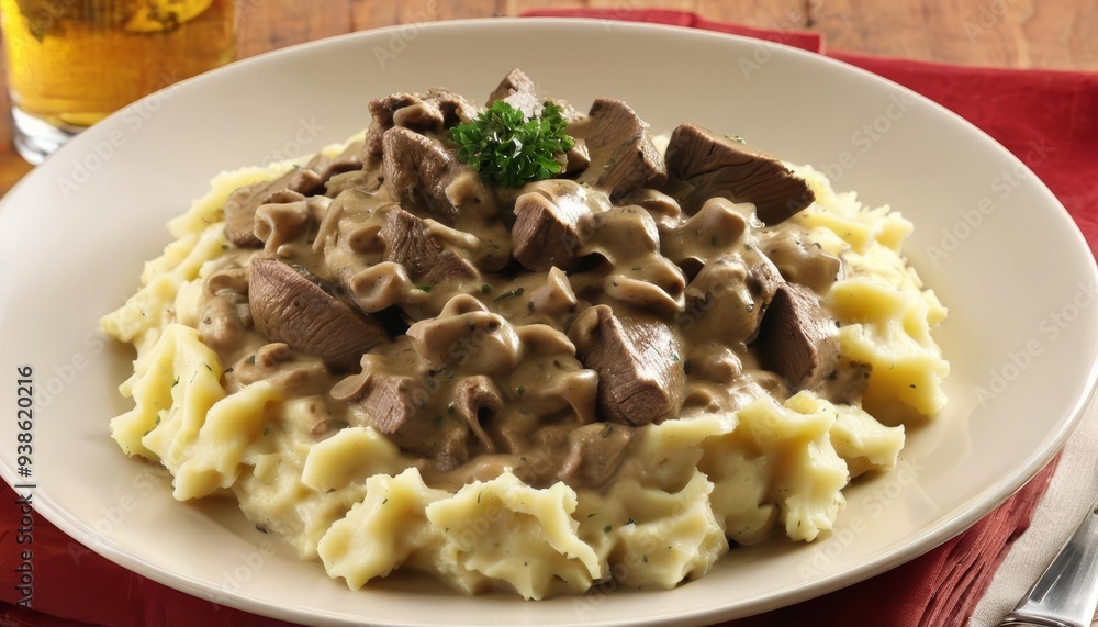 Delicious beef stew with mashed potatoes ready to be savored Delicious beef stew with mashed potatoes ready to be savored
