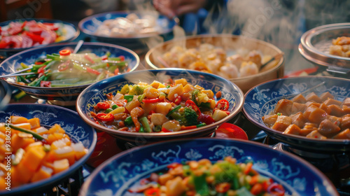 Colorful and delicious Chinese food with natural, realistic lighting