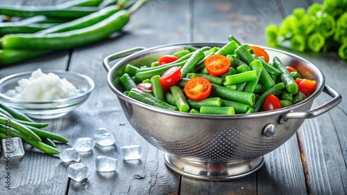 Green beans in a colander with boiled or blanched vegetables in ice water on a table, green beans, colander, vegetables photo