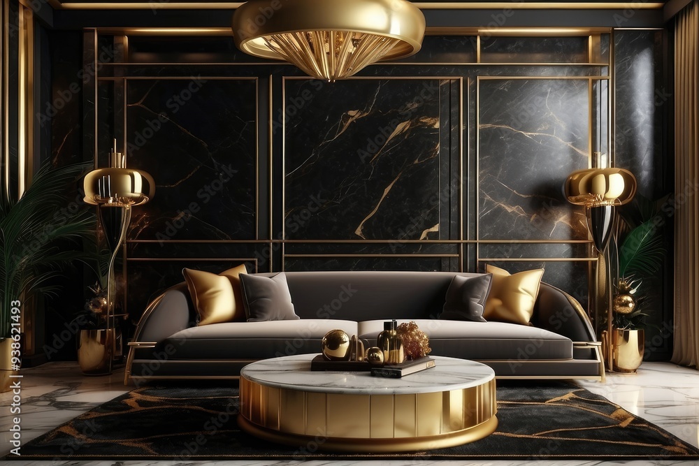 Modern living room art deco style interior design with black marble walls and gold decor pieces Modern living room art deco style interior design with black marble walls and gold decor pieces