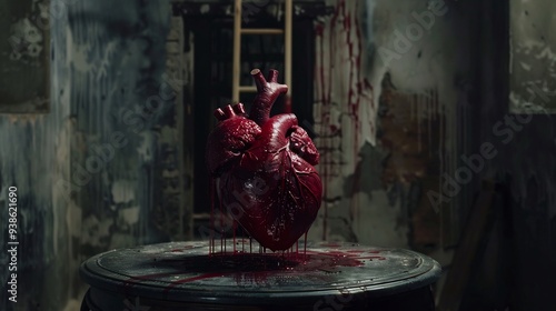 Bloody Heart on a Table in an Abandoned Room © DSN_1