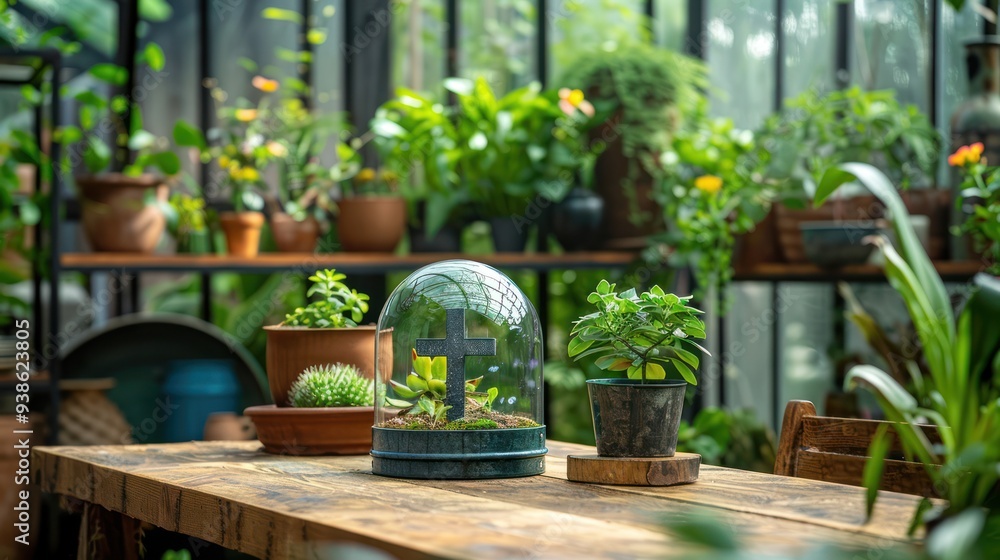 Cross in Glass Dome on Wooden Table in Greenhouse Cross in Glass Dome on Wooden Table in Greenhouse