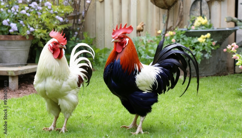 Fototapeta premium Flamboyant fowl in a garden setting