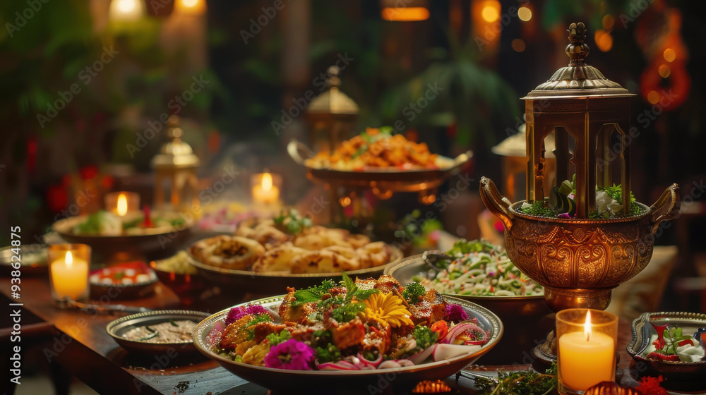Colorful Indian dishes with appetizing presentation under beautiful lighting Colorful Indian dishes with appetizing presentation under beautiful lighting