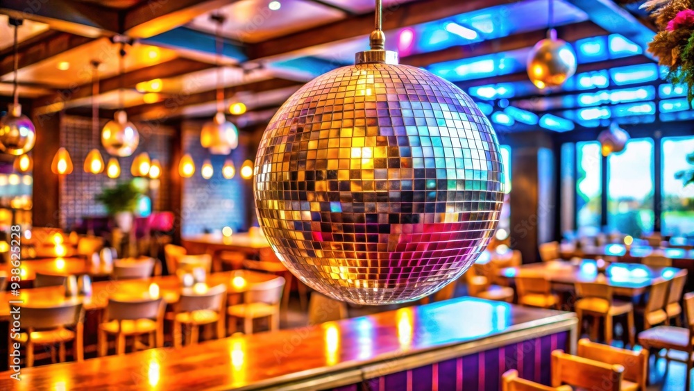 Obraz premium Mirrored disco ball hanging from the ceiling in a vibrant restaurant, disco ball, reflection, colorful, vibrant, lights